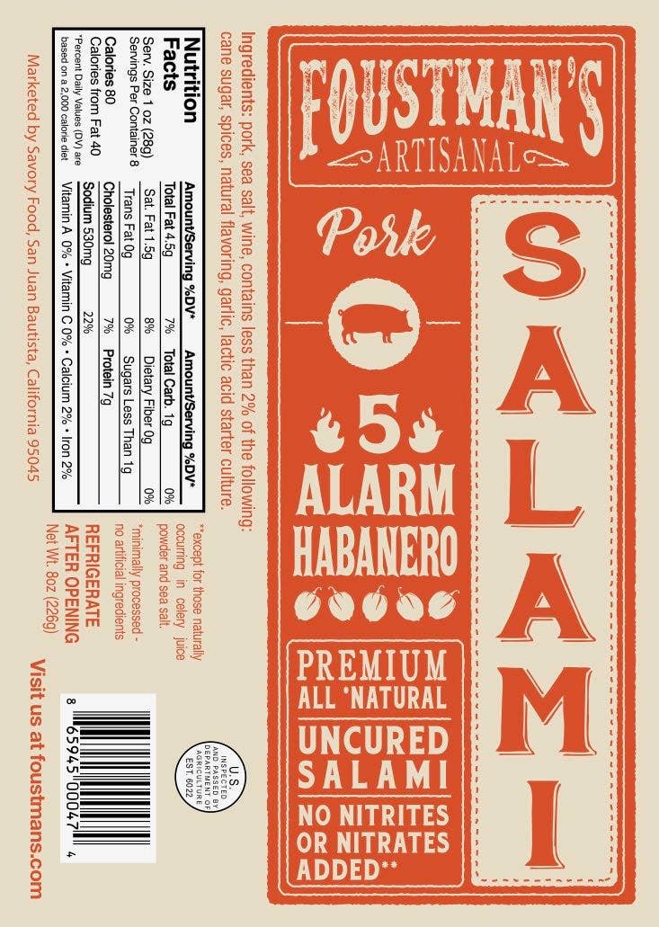 PORK HABANERO | FOUSTMAN'S ALL-NATURAL UNCURED SALAMI - 8oz